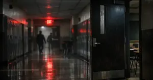 Empty middle school hallway with classroom doors and emergency lighting in dim institutional setting
