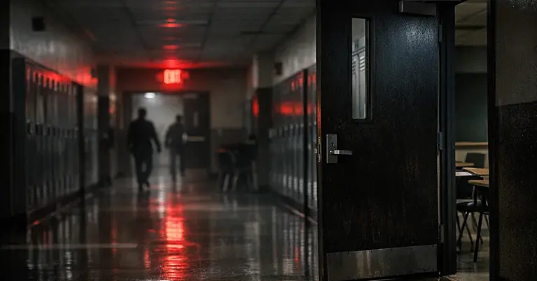 Empty middle school hallway with classroom doors and emergency lighting in dim institutional setting
