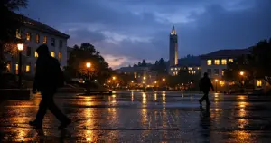 Empty university campus pathways at dusk with distant silhouetted figures walking between dark academic buildings