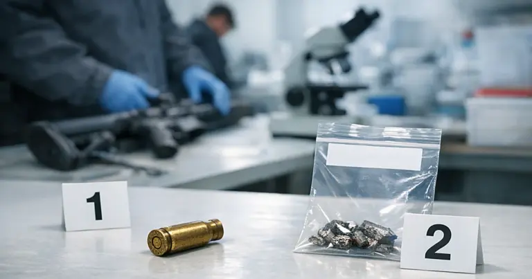 Forensic evidence table showing shell casing and bullet fragments with blank evidence markers in laboratory setting