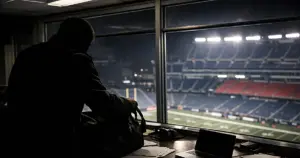 Silhouetted figure at press box desk with empty NFL stadium visible through windows at night