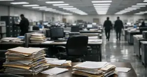Empty immigration processing center with rows of desks and scattered application folders under fluorescent lights