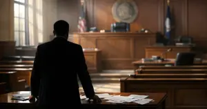 Empty Virginia courtroom with silhouetted figure at defense table, judge's bench elevated in background