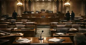 Empty Minnesota legislative committee hearing room with vacant witness table and microphone awaiting testimony