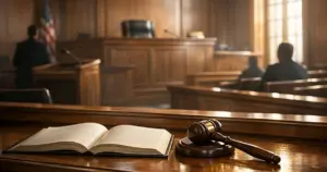 Empty courtroom interior with judge's bench, witness stand, and afternoon light streaming through windows
