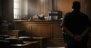 Empty South Carolina courtroom interior showing judge's bench, witness stand, and vacant jury box in dramatic lighting