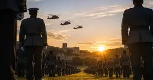 Rows of military cadets in silhouette standing at attention on parade ground at sunset