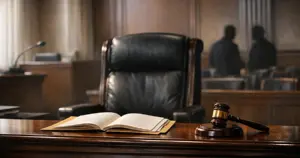 Empty federal courtroom with judge's bench and open case file under dramatic window lighting