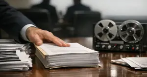 Legal documents being pushed across conference table with audio recording equipment in federal office setting