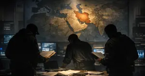 Intelligence operations room with world map focused on Iran, silhouetted analysts reviewing classified documents