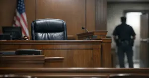 Empty federal courtroom judge's bench with witness stand and silhouetted officer in background