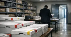 Stacked ballot storage boxes on evidence table in federal courtroom with silhouetted official reviewing documents