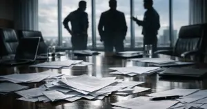 Corporate boardroom with scattered documents and silhouetted figures by windows in dramatic lighting