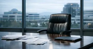 Empty executive chair pushed back from boardroom table with scattered documents and Silicon Valley skyline beyond