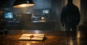 Sealed diplomatic envelope on table in shadowy room with silhouetted figure standing in background doorway