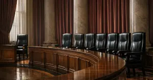 Empty Supreme Court bench with nine chairs, one positioned in isolation from the others in dramatic side lighting