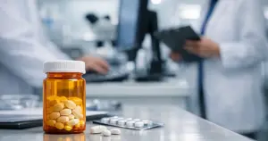 Prescription pill bottle on pharmacy counter with pharmacist working in blurred background