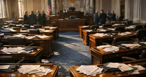 Empty state legislative chamber with scattered papers on desks after contentious vote