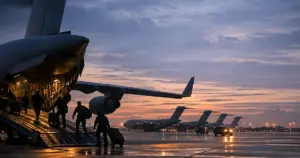 Military transport aircraft on airfield at dusk with silhouetted personnel loading=