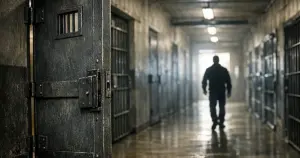 Open prison cell door in correctional facility corridor with silhouetted figure walking toward distant exit