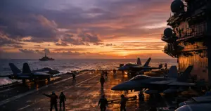 Aircraft carrier deck at dusk with fighter jets and silhouetted crew members against dramatic sky