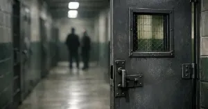 Prison cell door slightly open in dimly lit correctional facility corridor with institutional lighting