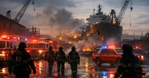 Emergency vehicles with flashing lights at an industrial shipyard facility at dusk with firefighter silhouettes