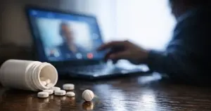 Prescription pill bottle with scattered pills and silhouetted figure at laptop in background during telehealth call