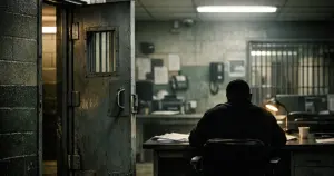 Interior of county jail booking station with open cell door and silhouetted figure at desk with scattered papers