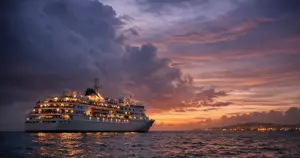 Large cruise ship stranded at sea at dusk with emergency lights glowing, distant port visible on horizon