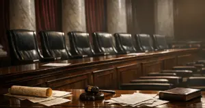 Empty Supreme Court bench with scattered legal documents under dramatic window lighting
