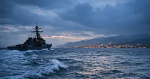 Military vessel crossing Taiwan Strait waters at dusk with distant shoreline lights under overcast sky
