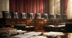 Empty Supreme Court bench with nine vacant chairs and scattered legal documents on tables in dramatic lighting