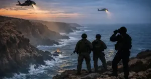 Rugged ocean cliffs at dusk with search helicopter silhouettes in distant sky over Atlantic waters