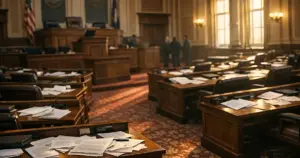 Empty legislative chamber with scattered papers on desks, afternoon light casting shadows across floor