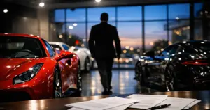 Luxury sports car in dealership showroom with silhouetted figure and scattered paperwork on desk