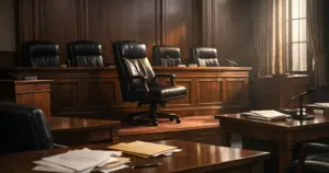 Empty Utah courtroom with judicial bench and vacant chair pushed back, documents scattered on tables below