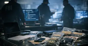 FBI operations room with evidence table and silhouetted agents working on counterterrorism investigation