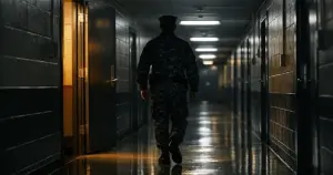 Dark military barracks hallway with steel doors and silhouetted sailor walking away from camera