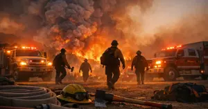 Wildland firefighters in silhouette at staging area with emergency vehicles and smoke at dusk
