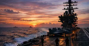 U.S. aircraft carrier at sea during dusk with fighter jets on deck and crew silhouettes moving across flight deck