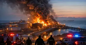 Oil terminal facility with fire and smoke billowing from storage tanks at dusk on coastal waterfront