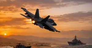 Military fighter jet banking through dusk sky over desert terrain with afterburners engaged