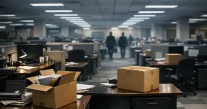 Empty government office with rows of desks and cardboard boxes after workforce reduction