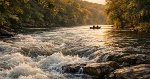Fast-flowing river with white water rapids and distant canoe silhouette among wooded banks at sunset