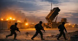 Silhouetted service members moving past defensive barriers and missile battery at desert military base at dusk