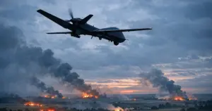 Military drone silhouette against overcast sky with distant emergency lights on rural landscape below