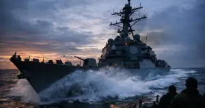 Navy warship moving through ocean waters at dusk with electronic warfare equipment visible against darkening sky