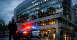 Police vehicle with flashing lights parked outside modern consulate building at dusk with wet pavement reflections