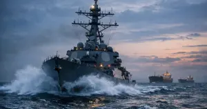 U.S. Navy warship moving through narrow strait waters at dusk with oil tankers in background